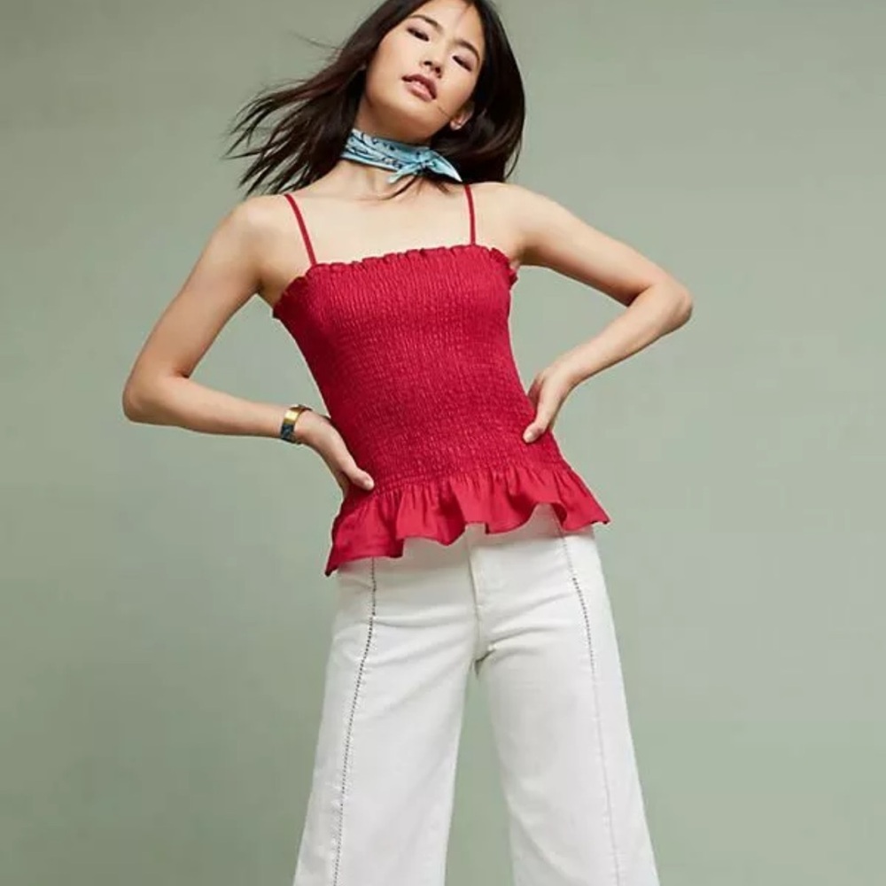 NWT Maeve Anthropologie Raspberry Pink Ruched Smocked Ruffle Top Shirt Tank M